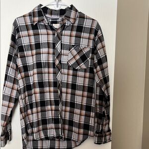 Flannel Plaid Button-Down Shirt - Black, White, and Orange
